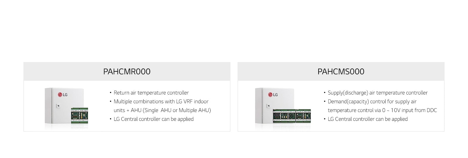 Rectangular LG PAHCMR000 return air controller and LG PAHCMS000 supply air controller with a 0-10V input from DDC.